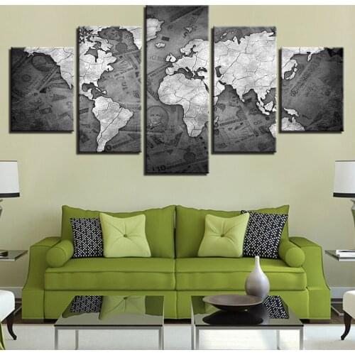 5 Pieces HD Prints Modular Vintage Posters Framework Retro World Map Paintings Bedroom Living Room Canvas Wall Art Pictures Home