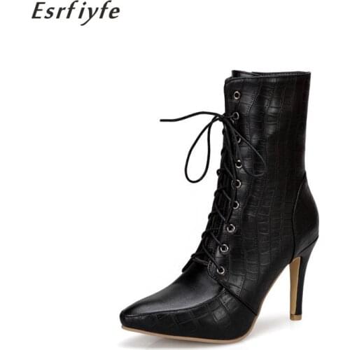 ESRFIYFE New Women Ankle Boots Pointed Toe High Heel Boots Women Shoes Female Sexy Stiletto Boots Stone Grain Soft Leahter Boots