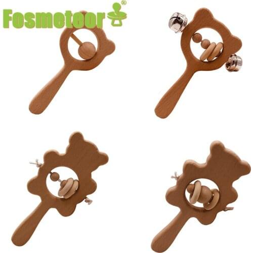 Fosmeteor Baby Toys Beech Wood Bear Hand Teething Wooden Ring Baby Rattles Play Gym Montessori Stroller Toys Educational Toys