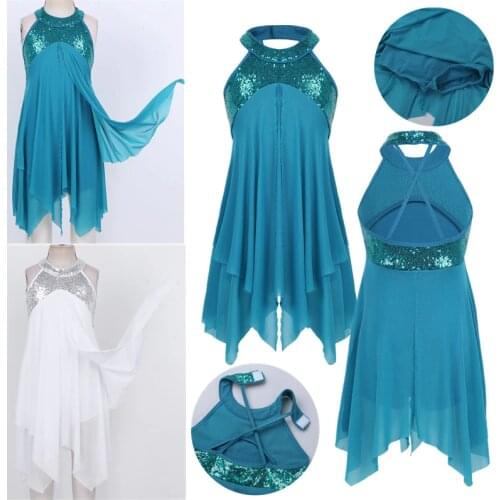 Kids Ballroom Lyrical Dance Costume Latin Dance Skating Dress for Girls Children Sequined Cross Back Leotard Ballet Dancewear