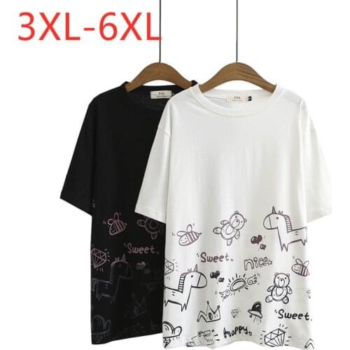 New Ladies Summer Plus Size Tops For Women Large Short Sleeve Loose Cotton Black White Print Cartoon T-Shirt 3XL 4XL 5XL 6XL