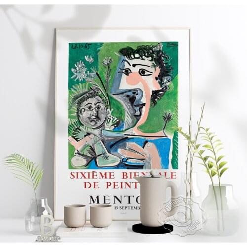 Pablo Picasso Sixieme Biennale De Peinture Menton Poster, Picasso Woman And Child Canvas Painting, Modern Abstract Home Decor