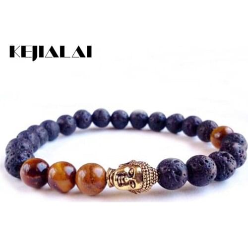 KEJIALAI Men Beaded Buddha Bracelet 2018 Classic Strand Bracelets Mens Fashion Tiger Eye Yoga Lava Stone Meditation Jewelry