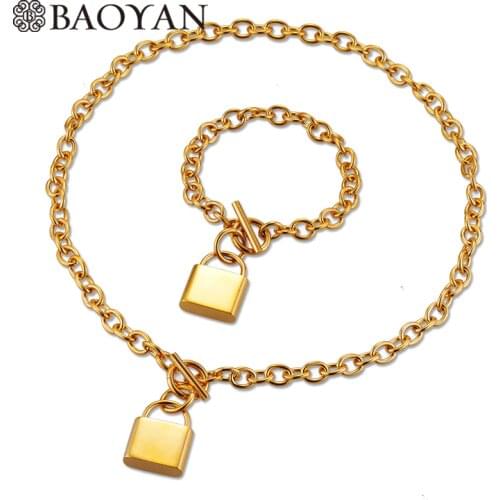 BAOYAN Vintage Gold Lock Jewelry Set Stainless Steel Necklace Bracelet Set Jewelry African Wedding Bridal Jewelry Sets For Women