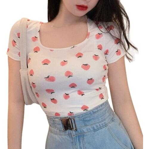 Short Sleeve T-shirt Female Summer Square Collar Women Slim Sexy Navel Exposed Tee Shirts