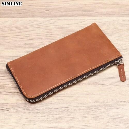 Genuine Leather Men Wallet Mens Vintage Real Cowhide Long Thin Zipper Wallets Clutch Bag Purse With Coin Pocket Card Holder Male