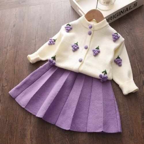2021 Autumn Baby Girls Sweater Set Childrens Jacket Sweater Tops Plaid Pleated Grape Princess Skirt Suits Girls Clothing Sets