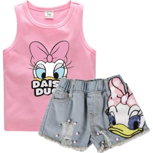 Cute Summer Kids Clothes Daisy Duck Vest&Sequins Broken Hole Denim Shorts Two Piece Fashion Birthday Little Girls Outfits Set