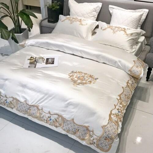 New White Pink 120S Egyptian cotton Embroidery Bedding sets Queen King Tribute Silk Duvet cover Bed sheet set Pillowcases 4/6pcs