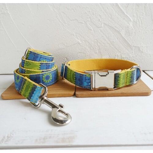 Customized Dog Collar Engraved Puppy ID Tag Leash Collar Set Adjustable Outdoor Fashion Print Pet Collar Leash THE FOLK YELLOW