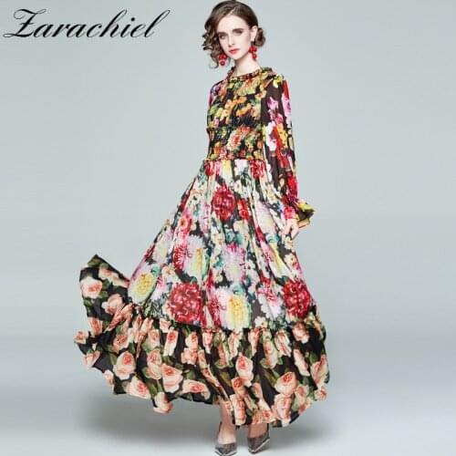 2021 Autumn Boho Flower Chiffon Maxi Dress Womens Flare Sleeve Multicolor Floral Print Elastic Waist Elegant Pleated Long Dress