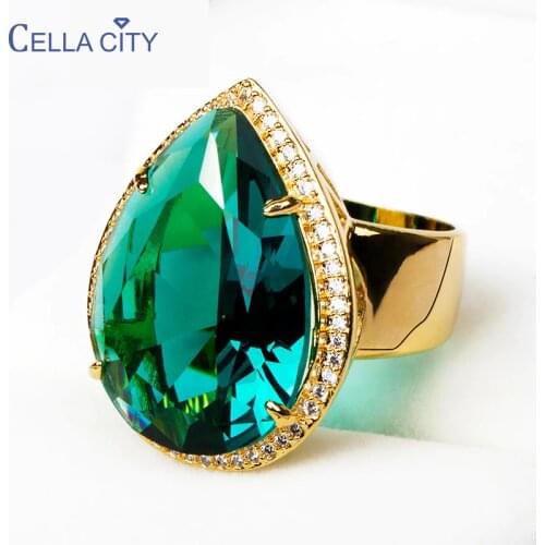 Cellacity Luxury Design Silver 925 Jewelry Gemstones Ring for Women Large Water Drop Shaped Emerald Party Banquet Female Gift