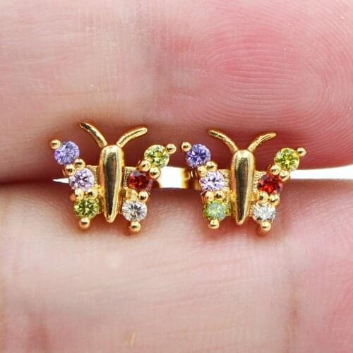 Gold Color AAA+ Cubic Zirconia Fashion Women Multicolor Cute Butterfly CZ Stud Earrings Jewelry
