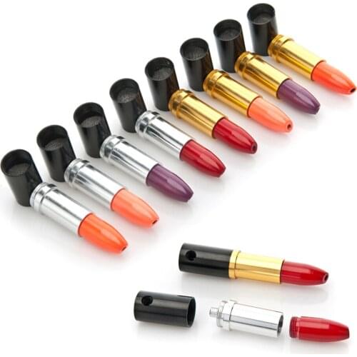 10pcs Lipstick Shape Smoking Pipe Tobacco Herb Tool Metal Tubo Smoke Pipa Cigarette Accessories Crusher Pipas Fumar Hierba