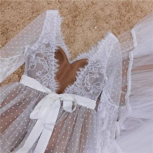 UMK Vintage Dot Lace Bohemia Wedding Dress Long Sleeve Open Back Beach Boho Bridal Gowns