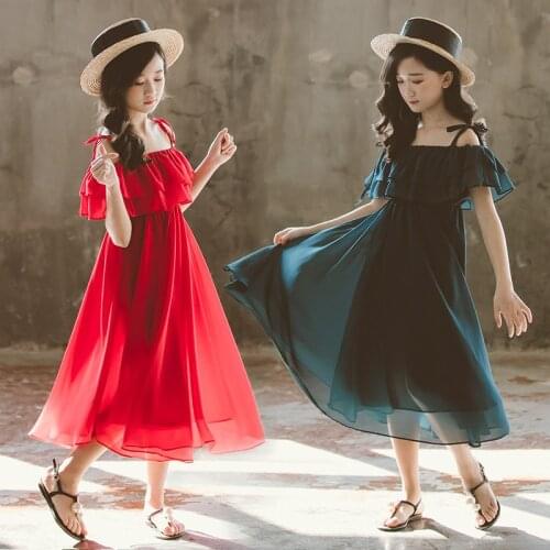 Party Little Chiffon Red Sleeveless Girls Summer Dress Evening Off Shoulder Kids Girls Dress Robe Fille Enfant Clothes BW50DR
