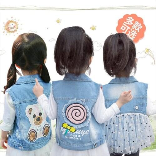 Spring Autmn Childrens Vest New Baby Girls Denim Print Letter Vest Kids Clothes Cartoon Wild Vest For Girl Children Waistcoat