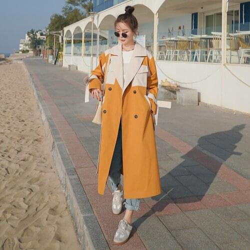 Women Windbreaker Long 2021 Spring Autumn New Stitching Pocket Korean Loose Double-breasted Fashion High-quality Lining Coat E29