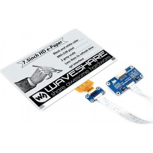 Waveshare 7.5inch HD e-Paper E-Ink Display HAT for Raspberry Pi, 880*528, Black / White, SPI