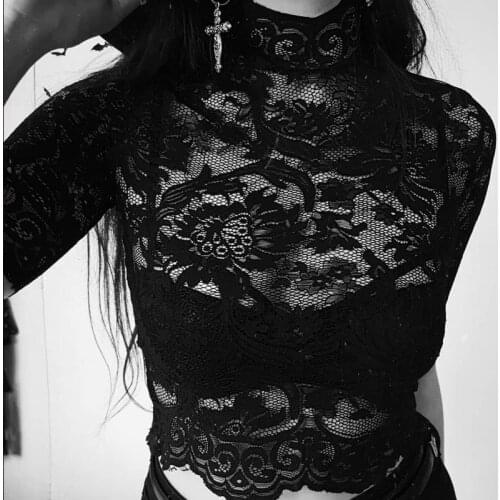 Palace Retro Sexy Lace Female Shirt Europe and America Solid Color Hollow New Perspective Mesh Bottoming for Summer