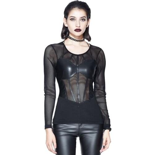 T-shirts Women Fashion Punk T shirt Mesh Top Hollow Out Black Sexy Lady T shirt Fabric Cool Tees New New Arrival Devil Fashion