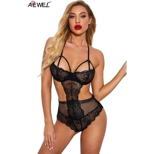 ADEWEL Women Sexy Bodysuit See-Through Lingerie Teddy Lace Bodysuits Exotic Black Hallow Out Romper Embroidery Red Underwear2021