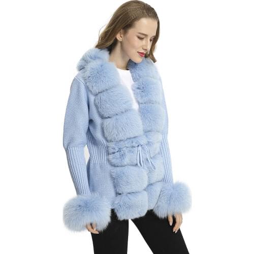 Winter Women Korea Short Warm Wool Knitted Real Fox Fur Trim Cardigan Sweater MJF-S-04