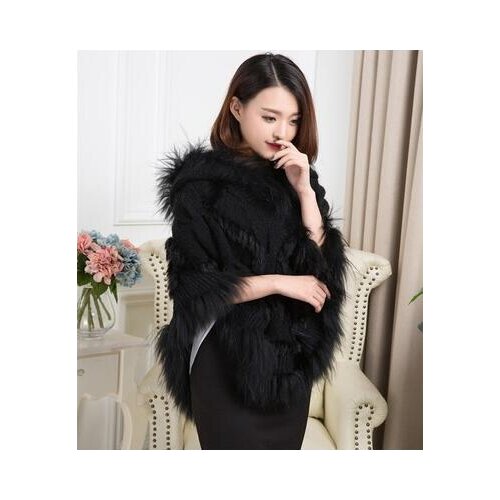 2019 Women Raccoon Fur Cape Poncho Winter Loose Out Street wear Knitted Long Sleeve Sweater Plus Size Pullover Fur Coat With Hat