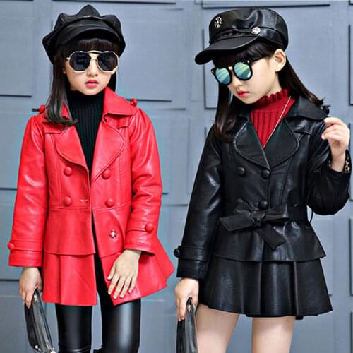 2018 Girls Clothes Kids PU Leather Jacket Girls Spring Autumn Long Coat Children Outwear Baby Girls Clothes 4~13 Y Girls Outwear