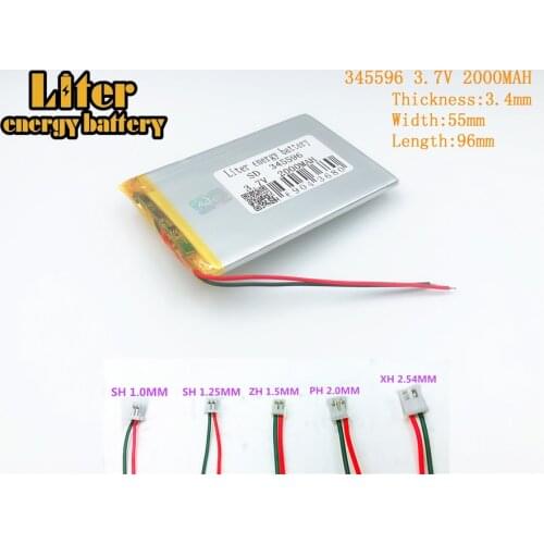 3.7V 2000mAh 345596 Lithium Polymer Rechargeable Battery cells For Mp3 MP4 MP5 GPS Lithium polymer battery 3.7V 345596 PLUG