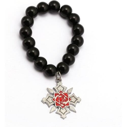 Anime Vampire Knight Bracelets Rose Shape Metal Charm Handmade Natural Black Onyx Beads Bracelet Men Women Bangle Jewelry