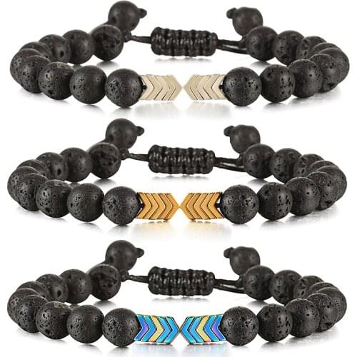 Fashion Healing Balance Arrow Beaded Bracelet 8mm Natural Black Onyx Volcanic Lava Stone Adjustable Bracelets Men Women Jewelry