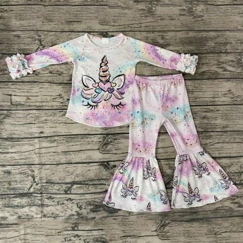 RTS Purple Shining Unicorn Icing Shirt Flare Pants Cute Outfits for Baby Girls