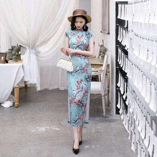 FZSLCYIYI Classic Flower Bird Print Long Cheongsam Dresses Female Qipao Vintage Chinese Evening Party Dress Oversize 4XL