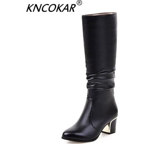 KNCOKAR Plus Size 34-43 Women Boots Square Heels Pointed Toe Martin Boots Woman Shoes Female Winter Boots Black White Hot x1015