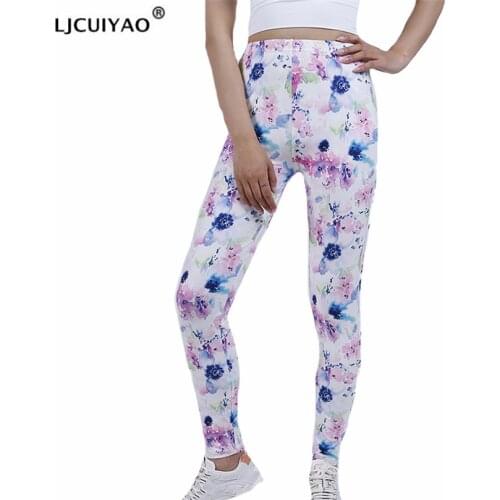 LJCUIYAO Women Workout Leggings Fitness Feamle High Waist White Pink Floral Pattern Mujer Casual Elastic Sportleggings Bottom