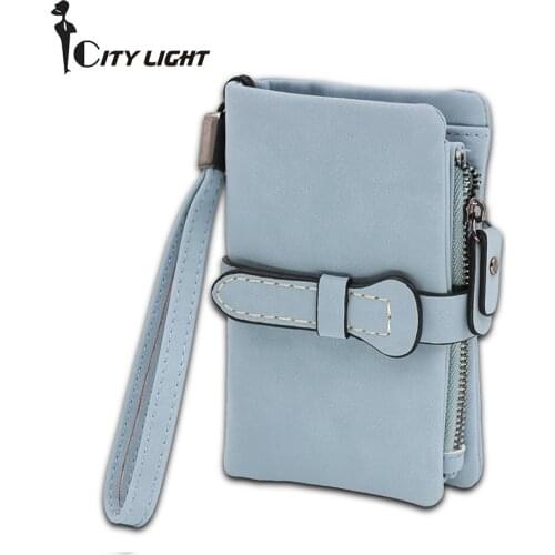 Multifunction Short Purse Fold Women Wallets Drawstring Nubuck Leather Zipper Wallet With Wrist strap Ladies Carteira Feminina