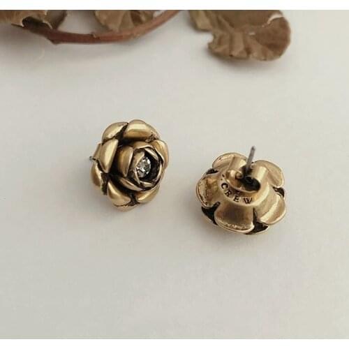 Fashion Punk Plant Rose Flower Stud Earrings for Women Ethnic Antique Gold Plated Rhinestone Beads Earring Vintage Jewelry