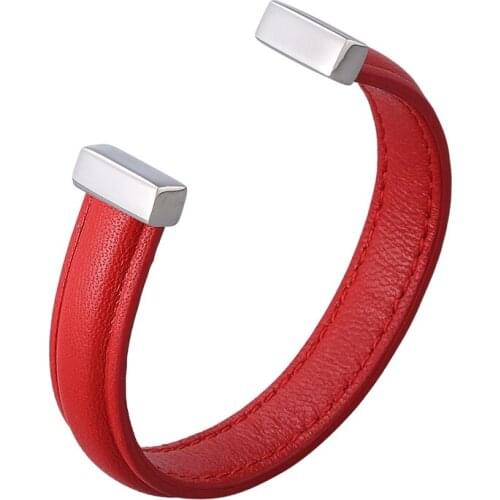 Fashion Lovers Jewelry Red Genuine Leather Open Cuff Bracelet Silver Color Stainless Steel Women Bangles Men Wristband PD0989R