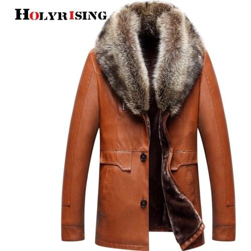 Holyrising Men Faux Leather Jackets Winter Thicken Coat jaqueta de couro chaqueta Men PU Leather Raccoon fur Colla coat 18617-5