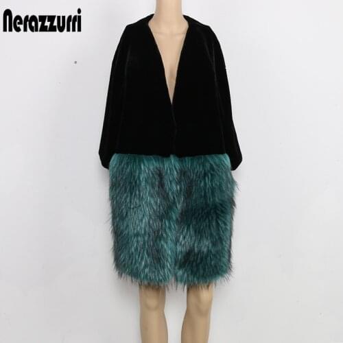 Nerazzurri Oversized winter faux fur jacket deep v neck 3/4 sleeve korean style Loose fluffy plus size patchwork faux fur coat
