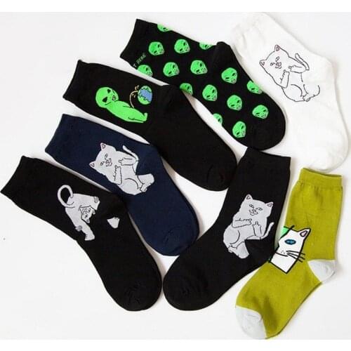 Fashion Street Art Funny Alien Planet Socks Personality Creative Funny Cartoon Cat Breathable Men Socks Happy Unisex Long Socks