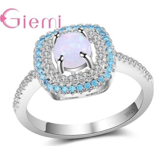 Dazzling Full Crystal Rings Multicolor Opal CZ Crystal Stone 925 Sterling Silver Classic Square Jewelry for Party
