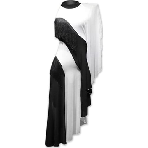 Autumn Latin Dance Dress Women Black+White Colour Collision Stitching Dress Competition Fringe Dress Salsa Dress