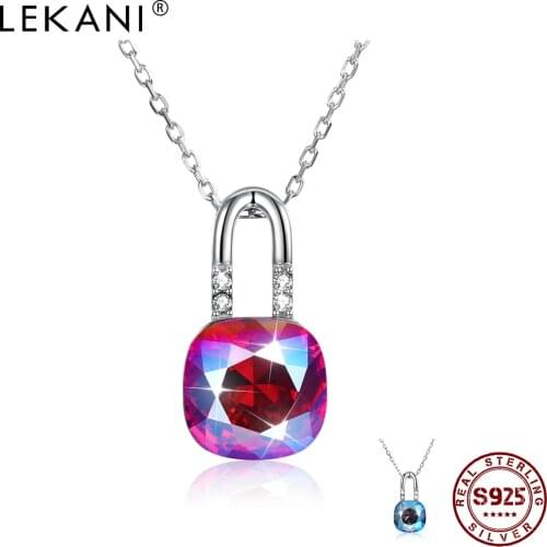 LEKANI Crystal From Austria S925 Sterling Silver Necklace Lock Crystals Pendant Multicolor Blue Women Fine Jewelry Girls Gift