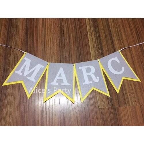 Custom Personalized Boy Baby shower Name Banner Flag Yellow Gray White Birthday Party Decoration High chair Banner Photo Shoot
