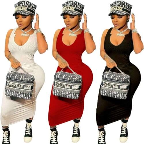 Casual Knit V Neck Bodycon Dress Sexy Sleeveless Tank Dresses Woman Party Wear Solid Clothes Summer Maxi Long Sundress 2021