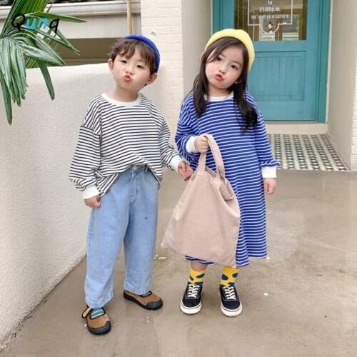 Qunq Striped Toddler Kids Brother and Sister Sweatshirt 2021 New Long Sleeve Boys Pullovers Shirts Spring Fall O-neck Girl Dress