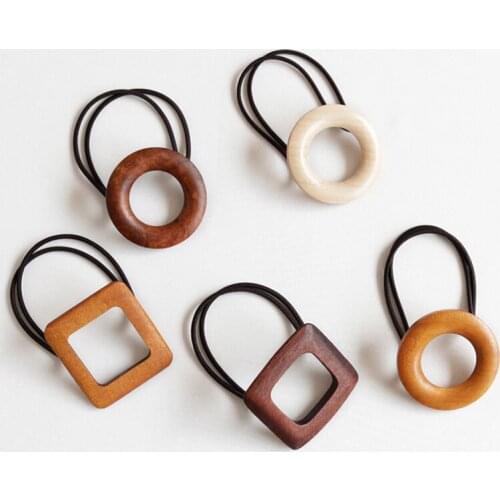 Popular wood hair rope geometric round square Korean fashion hair rings ponytail elastic rubber rope girls clothing accessories