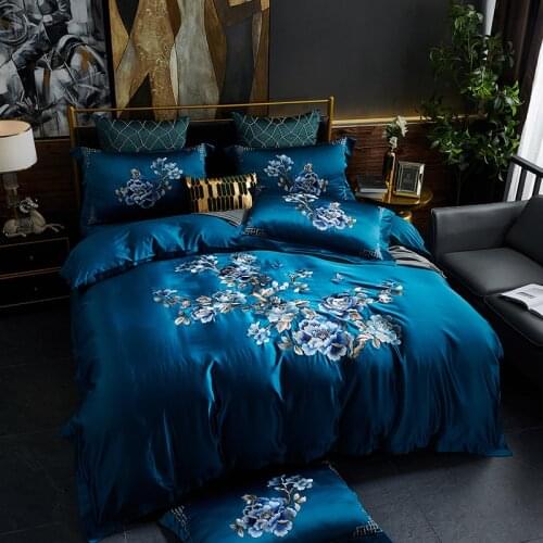 Luxurious Blue Peony Flower Embroidery Egyptian Cotton Silk Duvet Cover Bed Linen Fitted Sheet Pillowcases Bedclothes King Queen